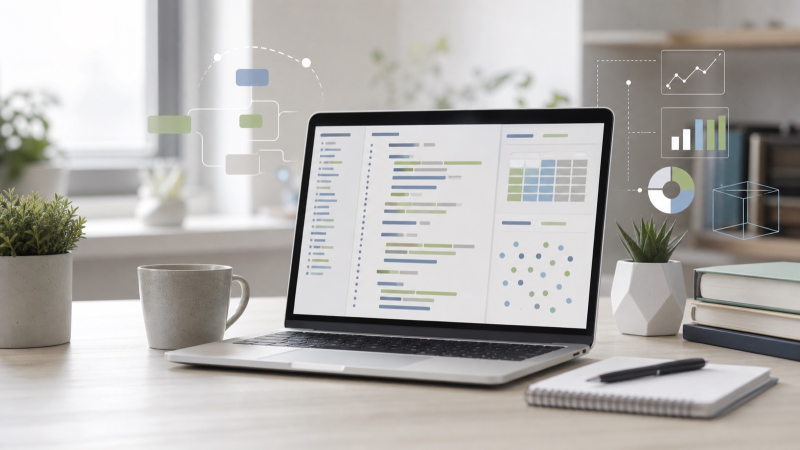 Quiet desktop with abstract programming and data visuals